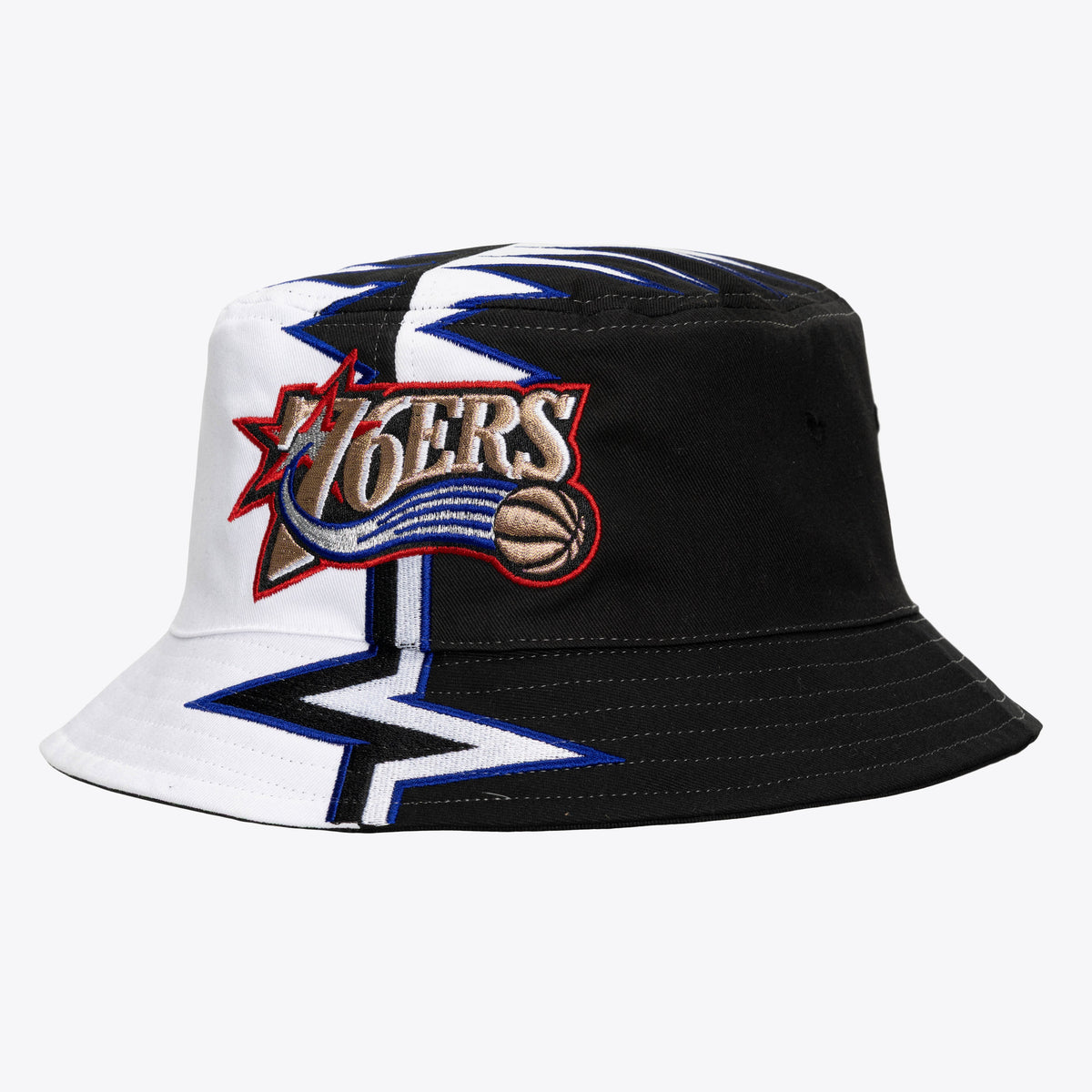 Men's Philadelphia 76ers Mitchell & Ness White/Black Hardwood Classics Special Shockwave Bucket Hat