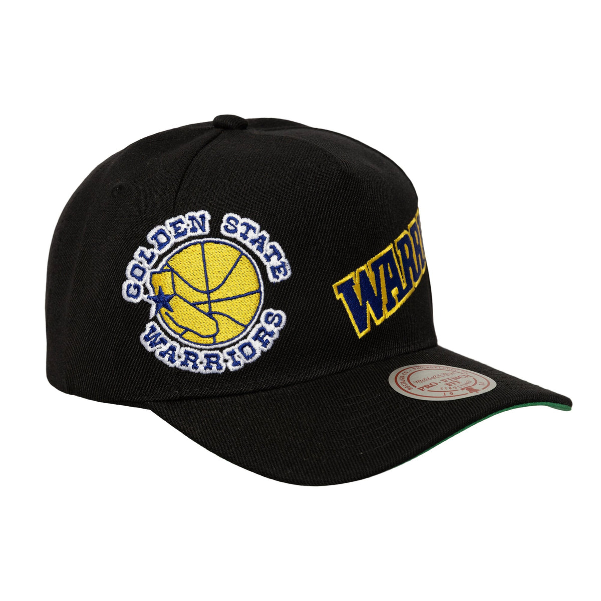 Men's Golden State Warriors  Mitchell & Ness Black Busted Logo Wordmark Wrap-Around Pro Pinch Adjustable Hat