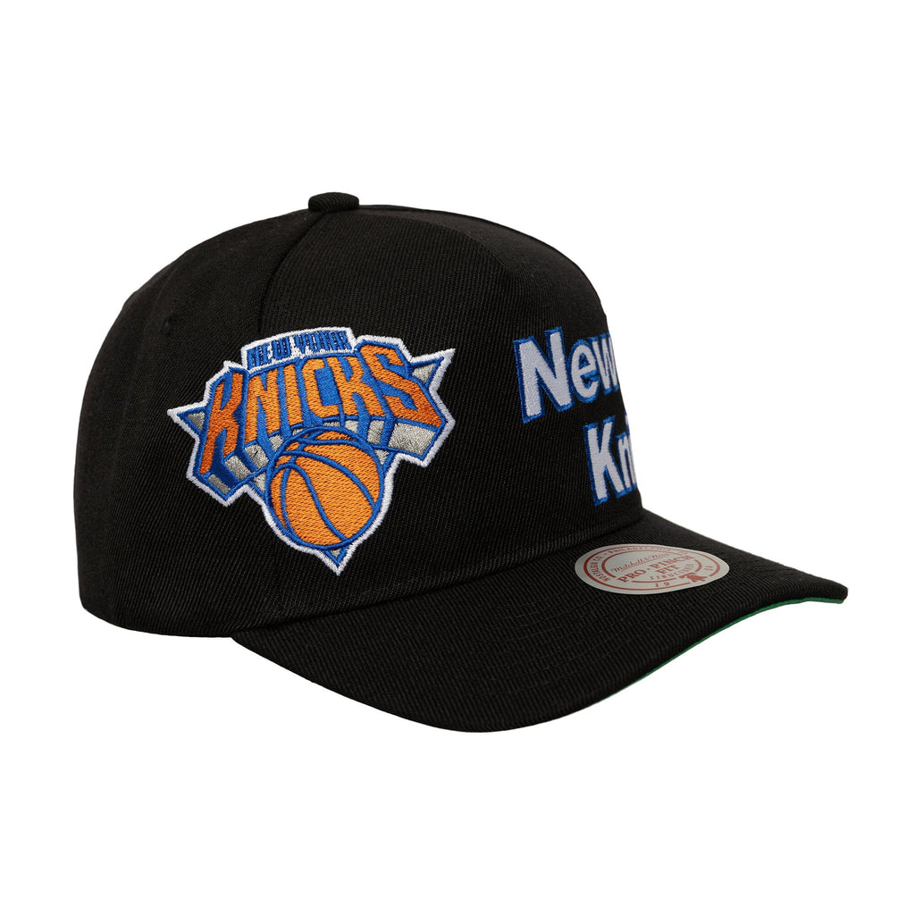 Men's New York Knicks  Mitchell & Ness Black Busted Logo Wordmark Wrap-Around Pro Pinch Adjustable Hat