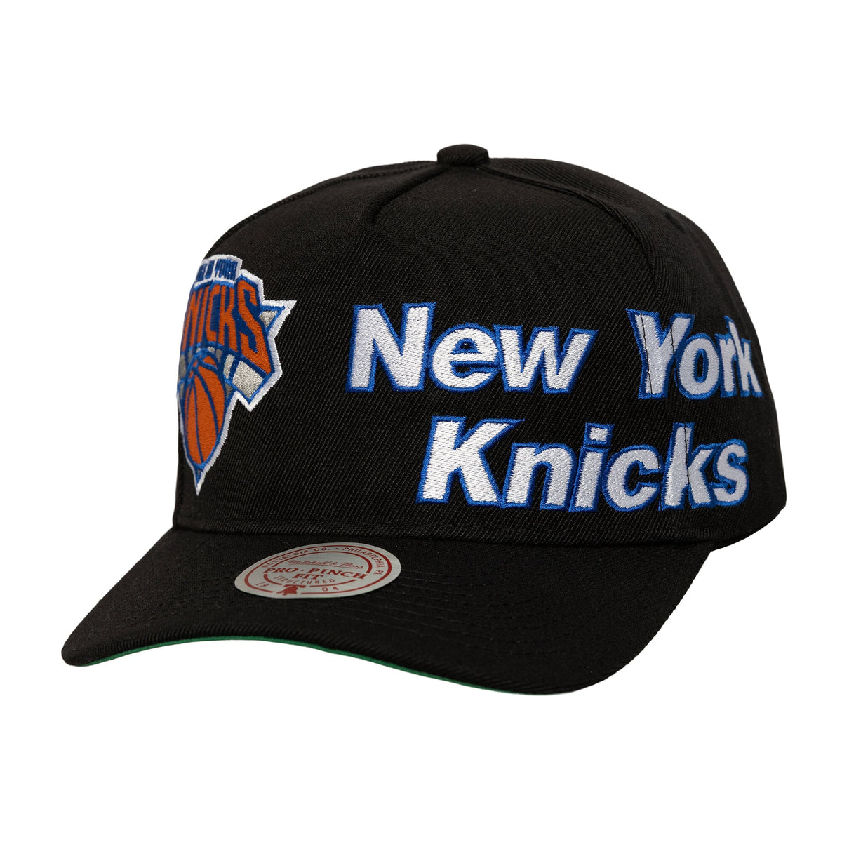 Men's New York Knicks  Mitchell & Ness Black Busted Logo Wordmark Wrap-Around Pro Pinch Adjustable Hat