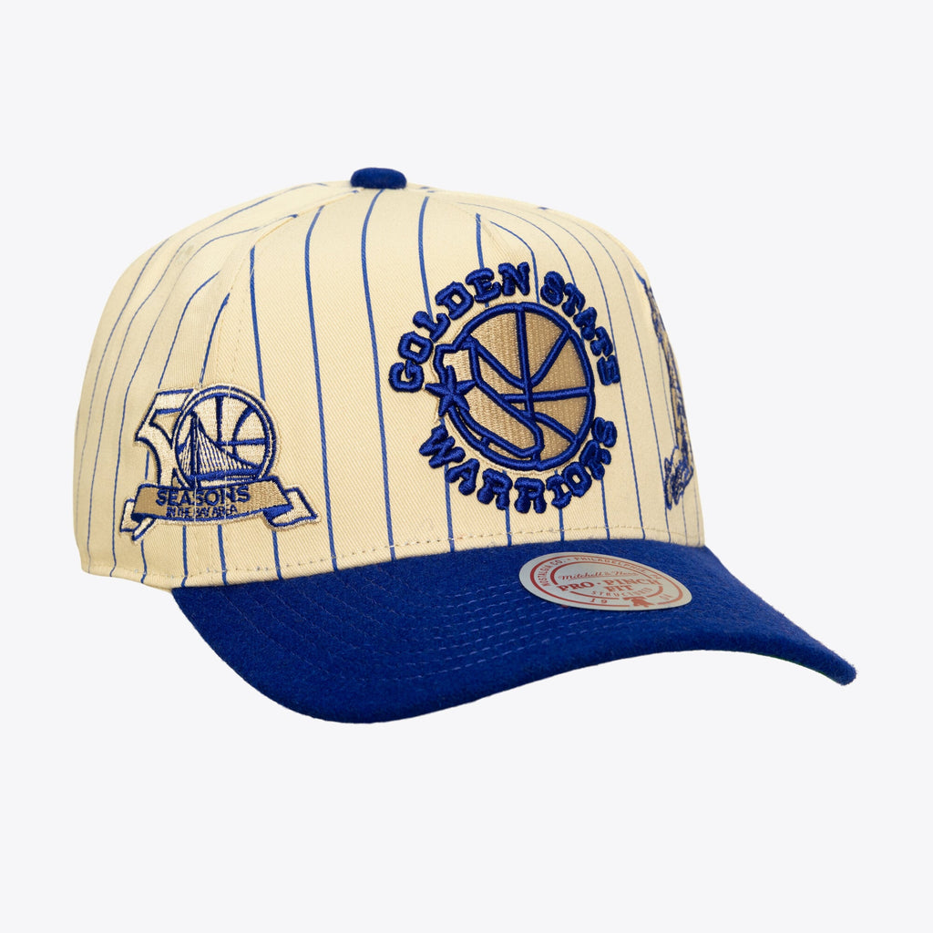 Men's Golden State Warriors Mitchell & Ness Cream Hardwood Classics Retro Roots Stripe Pro Adjustable Hat
