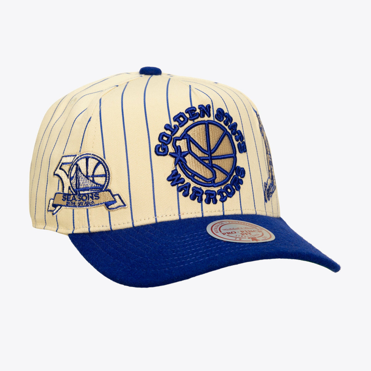 Men's Golden State Warriors Mitchell & Ness Cream Hardwood Classics Retro Roots Stripe Pro Adjustable Hat
